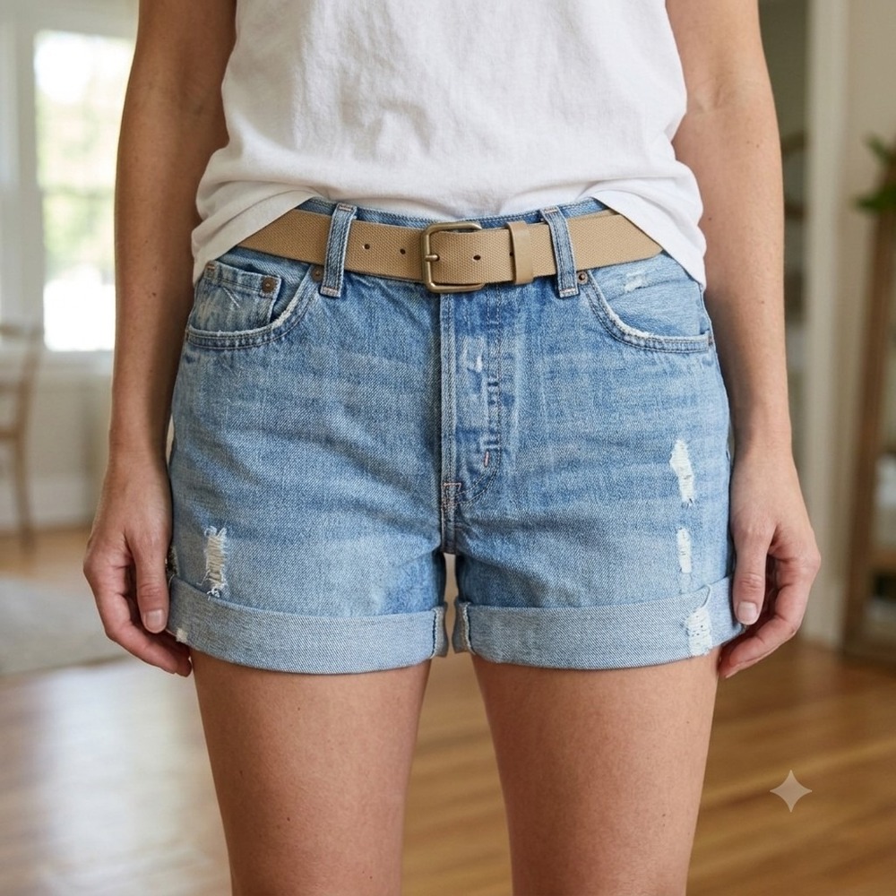 H&M Size 10 Womens Blue High Rise Distressed Button-Fly Cuffed Denim Shorts 229